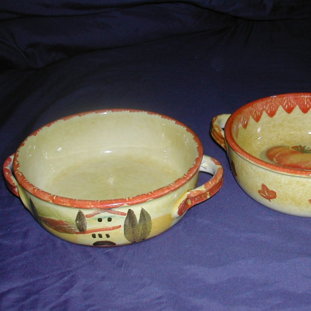 2-ITALICA ARS Hand Painted SOUP BOWLS 9" Side Diameter incl.Handles PUMPKINS EUC